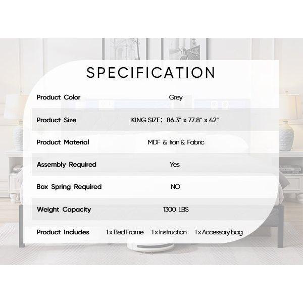 King Bed Frame with Storage Headboard, Charging Station and LED Lights, Upholstered Platform Bed with Heavy Metal Slats, No Box Spring Needed, Noise Free, Easy Assembly, Dark Gray