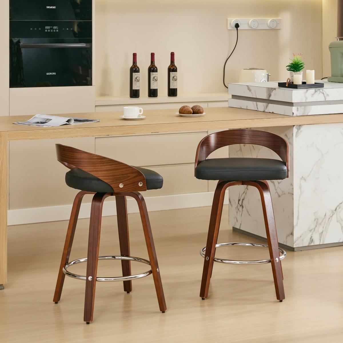 Bar Stools Set of 2, Swivel Bar Height Stools with Low Back, Wood Bar Chairs with Soft Cushion Seat, 25-Inch Seat Height (Black, 25" Counter Height) - Streamdale Furniture