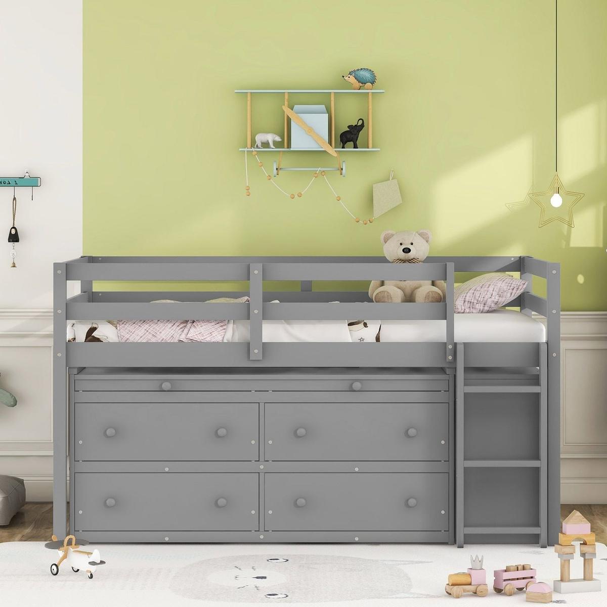 Twin Size Loft Bed with Retractable Writing Desk and 4 Drawers, Wooden Loft Bed with Lateral Portable Desk and Shelves, Gray