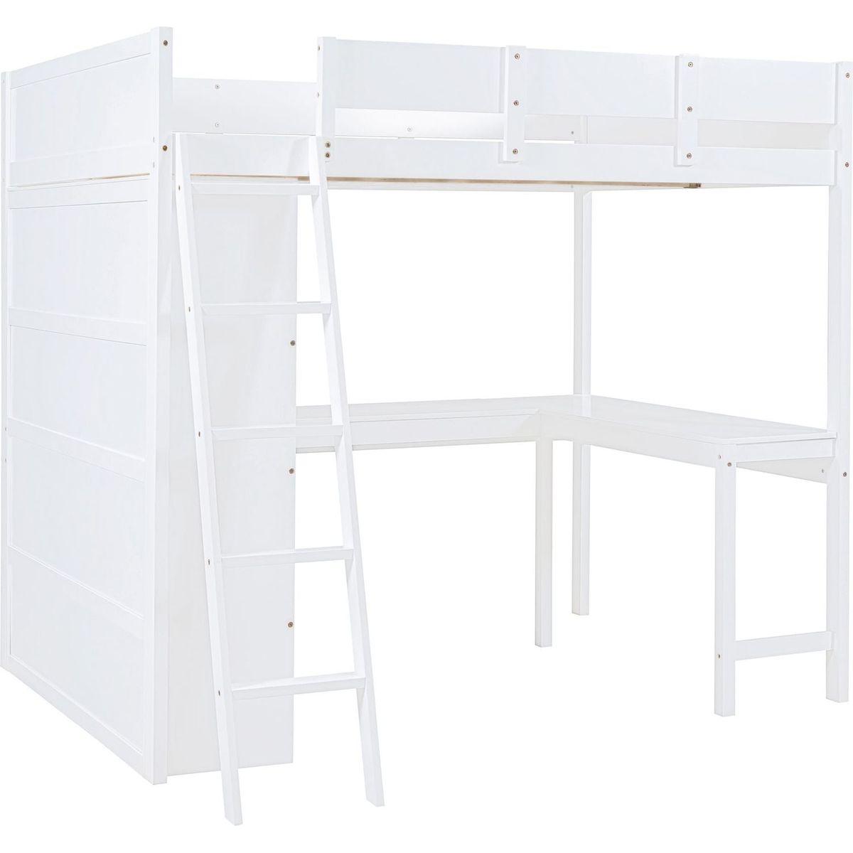 Full Size Loft Bed with Desk and Shelf - White
