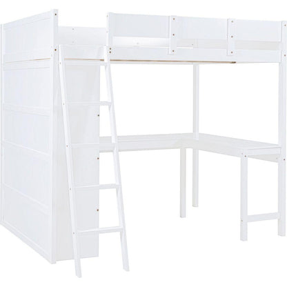 Full Size Loft Bed with Desk and Shelf - White