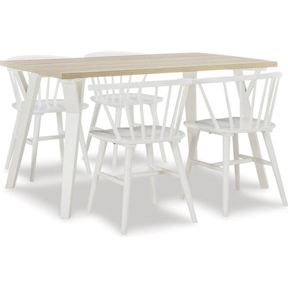 Roundhill Alwynn White and Natural Wood 5-piece Dining Set, Dining Table with 4 Windsor Chairs - Streamdale Furniture