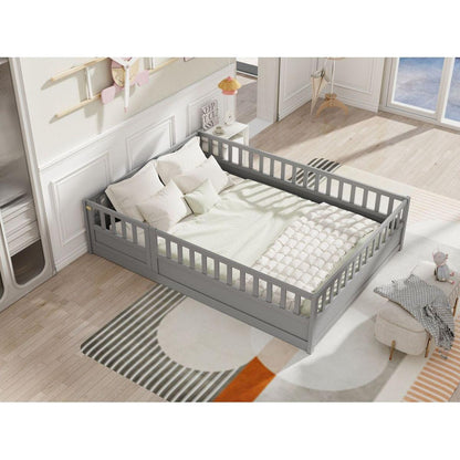 Full size Floor bed, integral construction with super high security barrier, door, children's floor bed frame, Montessori wooden children's floor bed, Support slat Grey
