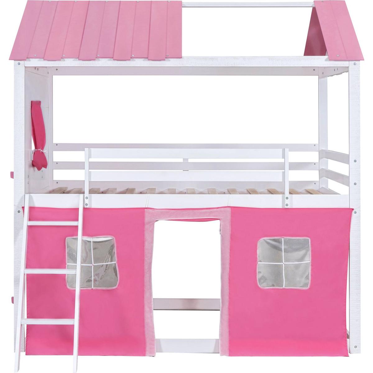 Full Size Bunk Wood House Bed with Elegant Windows, Sills and Tent, Pink+White