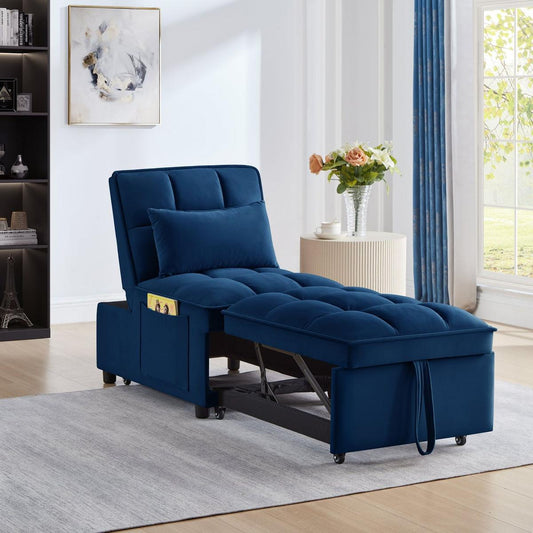 4 in1 Multi-Function Single Sofa Bed with Storage Pockets,Tufted Single Pull-out Sofa Bed with Adjustable Backrest and Pillows, Convertible Chaise Lounge, Navy