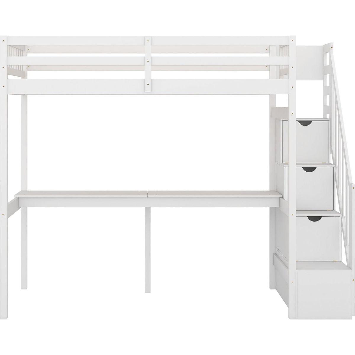 Twin Size Loft Bed with Storage Staircase and Built-in Desk, White
