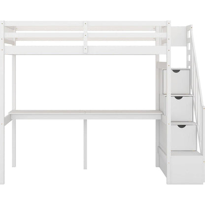 Twin Size Loft Bed with Storage Staircase and Built-in Desk, White