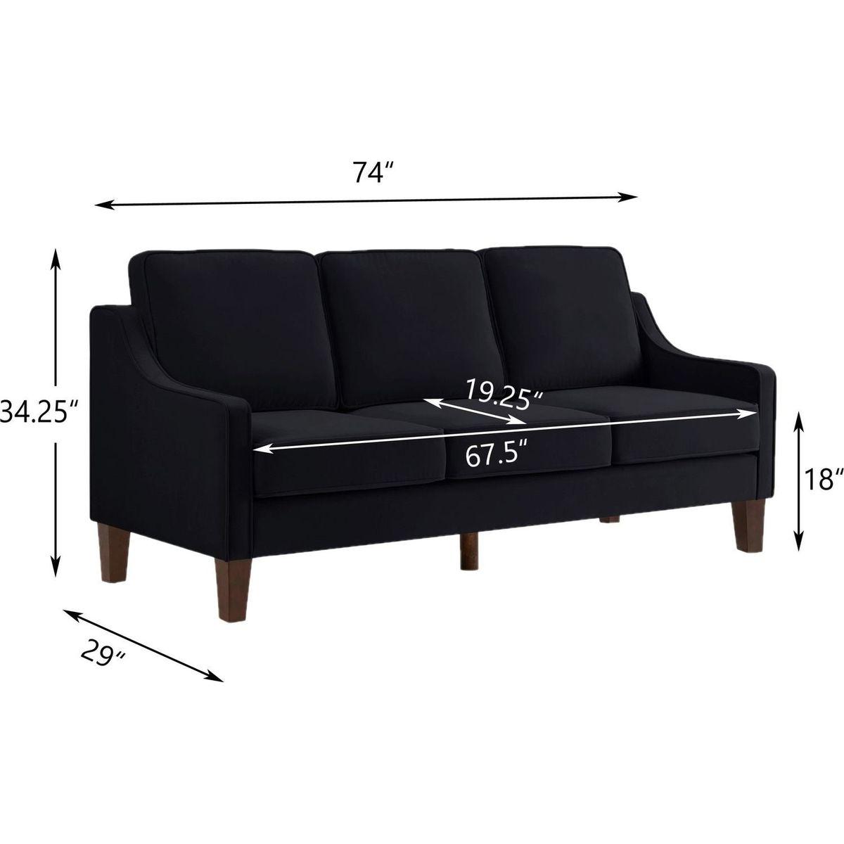 Modern 3 Piece seat Sofa Couch with Scooped Armrest/Wood legs,Upholstered Velvet 3-seat Sofa with Removable Cushions for Livingroom Bedroom,Black