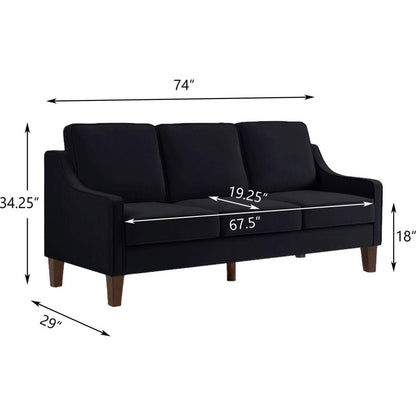 Modern 3 Piece seat Sofa Couch with Scooped Armrest/Wood legs,Upholstered Velvet 3-seat Sofa with Removable Cushions for Livingroom Bedroom,Black