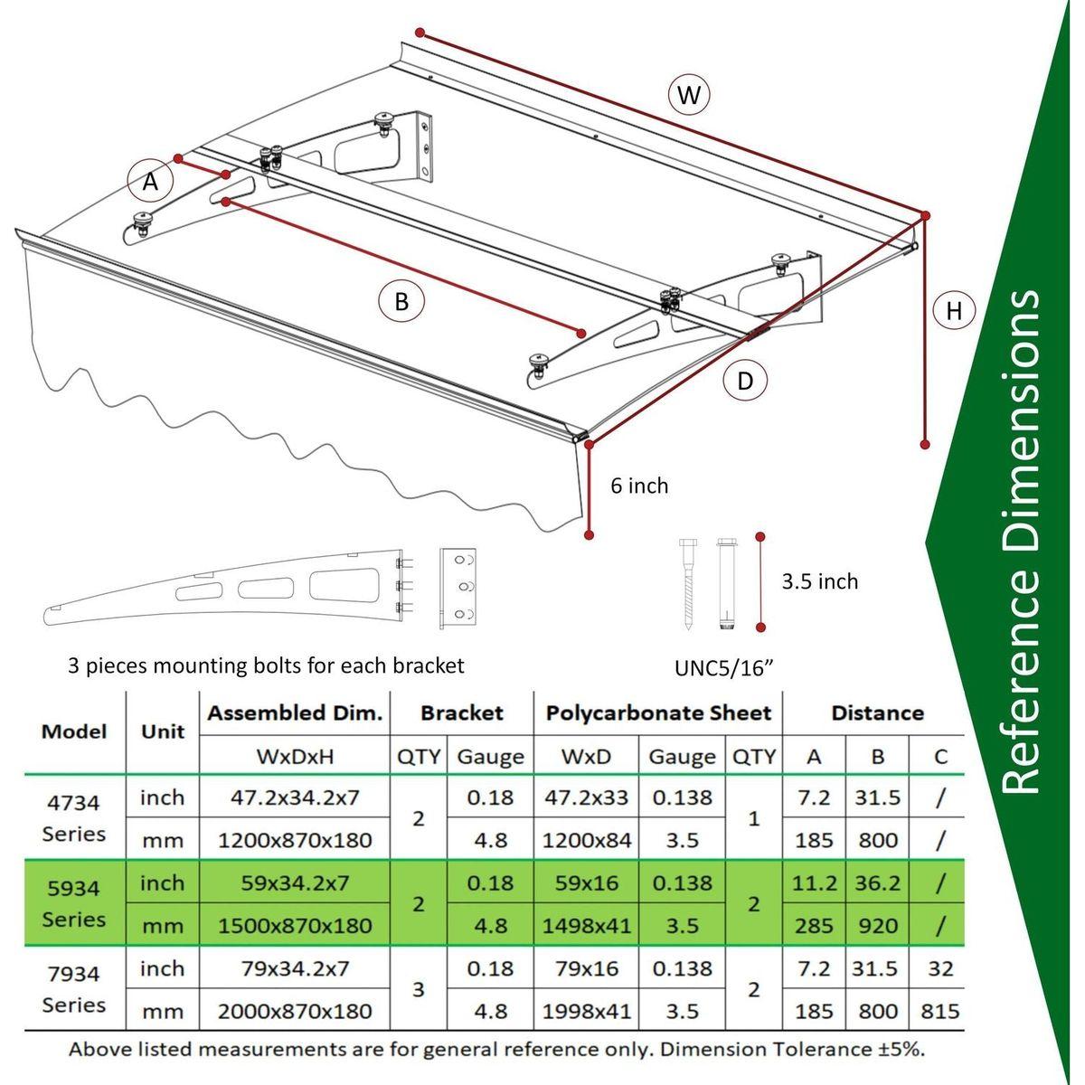 DA5934C Series Door Window Awning Made of 0.137 Inch Thick Crystal Solid Polycarbonate Sheet and Aluminum Alloy with Valance in size 59" Wide x 34" Deep for Masonry Concrete Wall House.