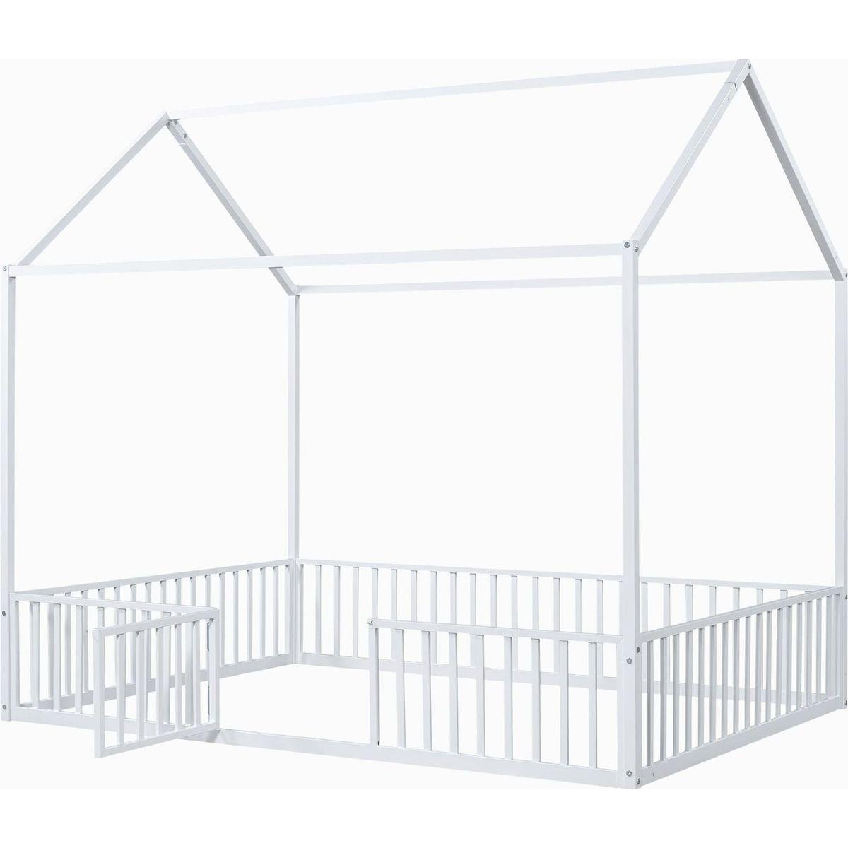 Full Size Metal House Bed with Fence and Door, White
