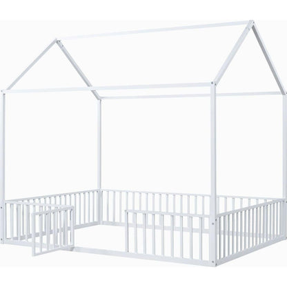 Full Size Metal House Bed with Fence and Door, White