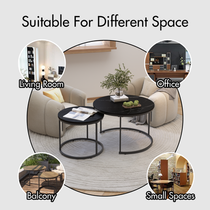 Nesting Coffee Table Set of 2, 27.6inch Round Coffee Table Wood Marble Pattern Top with Sturdy Metal Frame, End Table Side Tables for Living Room Bedroom Balcony Yard (Black)