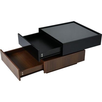 Multi-functional Square 360Rotating Coffee Table with 2 Drawers, High Gloss 2-Tier Center Table with Swivel Tabletop and Storage, Walnut Table Frame Side Table for Living Room, Black