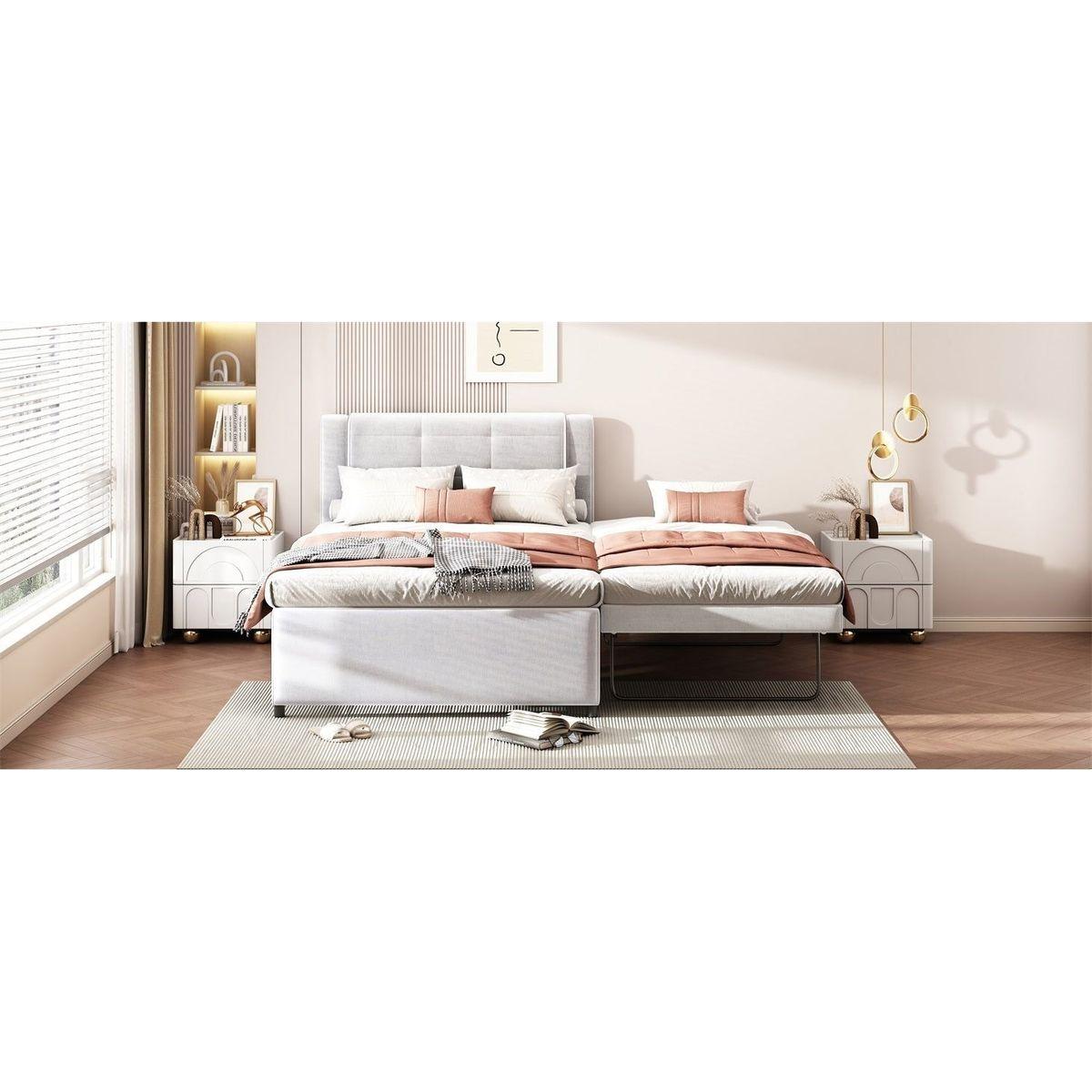 Full Size Upholstery platform bed with Trundle,Trundle can be flat or erected, Beige