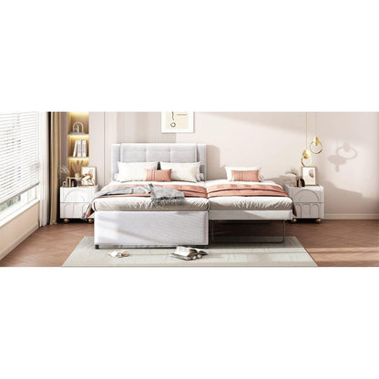 Full Size Upholstery platform bed with Trundle,Trundle can be flat or erected, Beige
