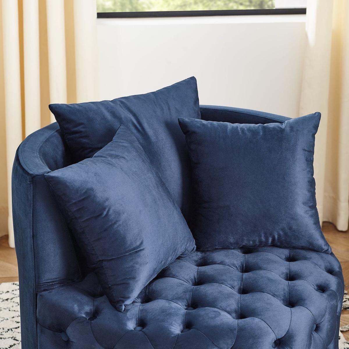 Velvet Upholstered Swivel Chair for Living Room, with Button Tufted Design and Movable Wheels, Including 3 Pillows, Blue