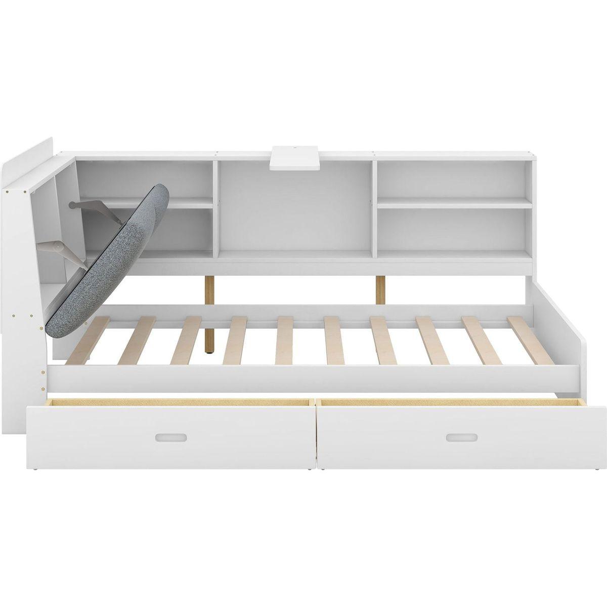 Wood Twin Size platform bed with Storage Headboard, Shelves and 2 Drawers, White