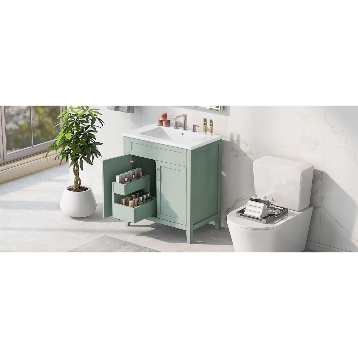 30" Bathroom Vanity with Sink, Multi-functional Bathroom Cabinet with Doors and Drawers, Solid Frame and MDF Board, Green