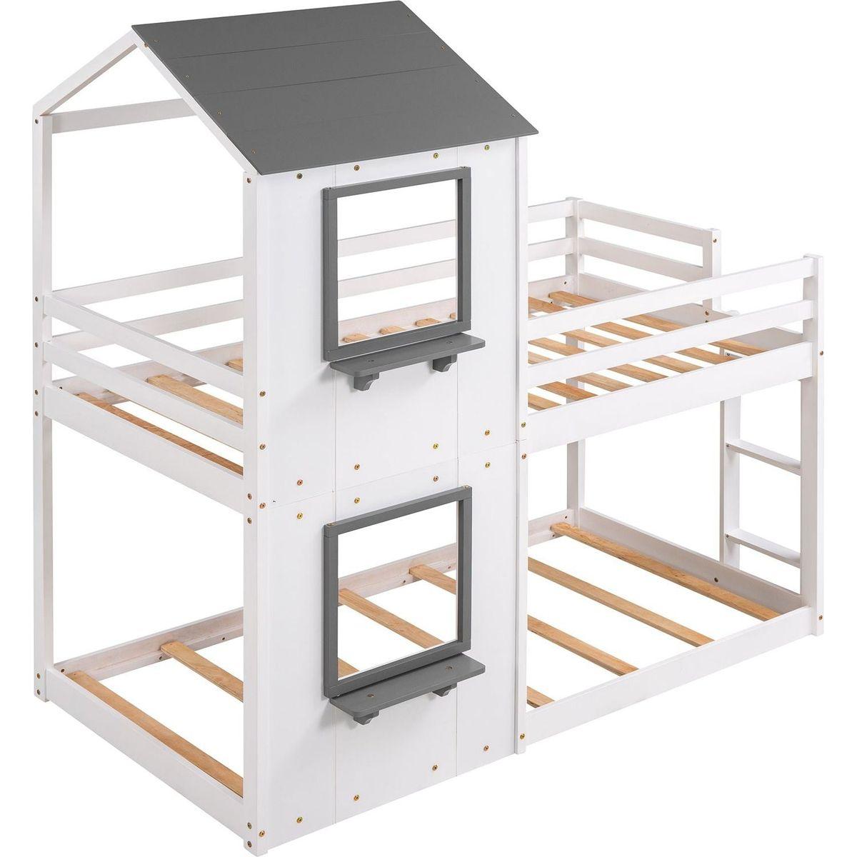 Twin Over Twin Bunk Bed Wood Bed with Roof, Window, Guardrail, Ladder (White)