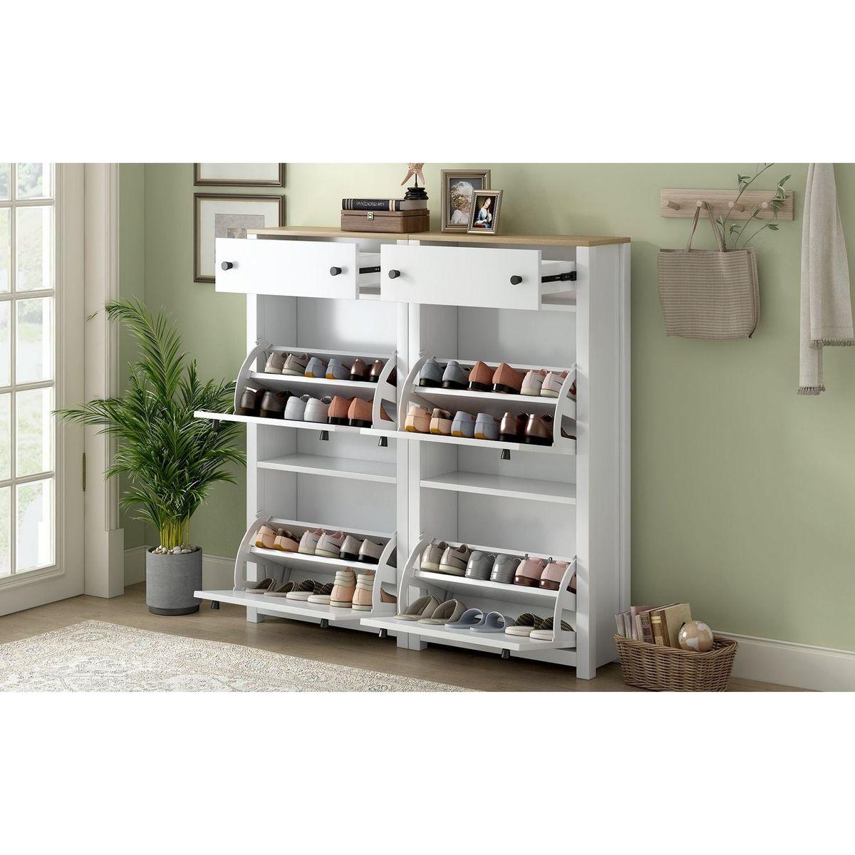 Slim Shoe Cabinet Set with 4 Flip Drawers, Wood Grain Pattern Top Shoe Storage Solution with Adjustable Panel, Modern Style Shoe Rack with Drawers for Hallway, White