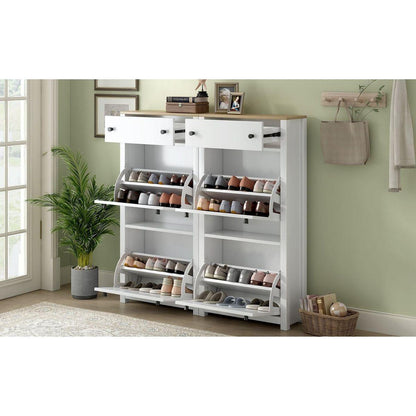 Slim Shoe Cabinet Set with 4 Flip Drawers, Wood Grain Pattern Top Shoe Storage Solution with Adjustable Panel, Modern Style Shoe Rack with Drawers for Hallway, White