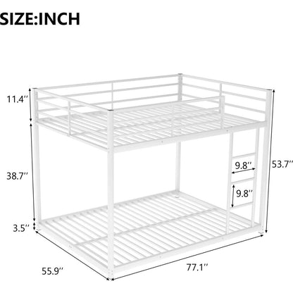 Full over Full Metal Bunk Bed, Low Bunk Bed with Ladder, White