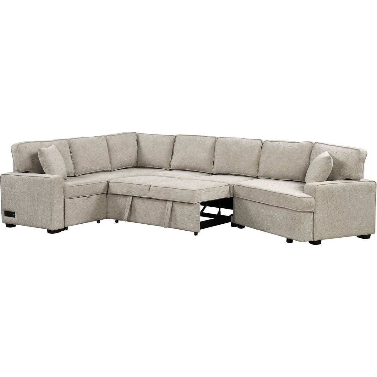 126" L-shaped Sofa Sectional Sofa Couch Pull-out Sofa Bed with Charging Devices and Cup Holders for Living Room, Beige