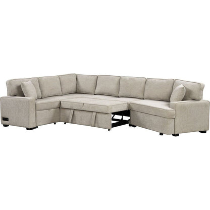 126" L-shaped Sofa Sectional Sofa Couch Pull-out Sofa Bed with Charging Devices and Cup Holders for Living Room, Beige