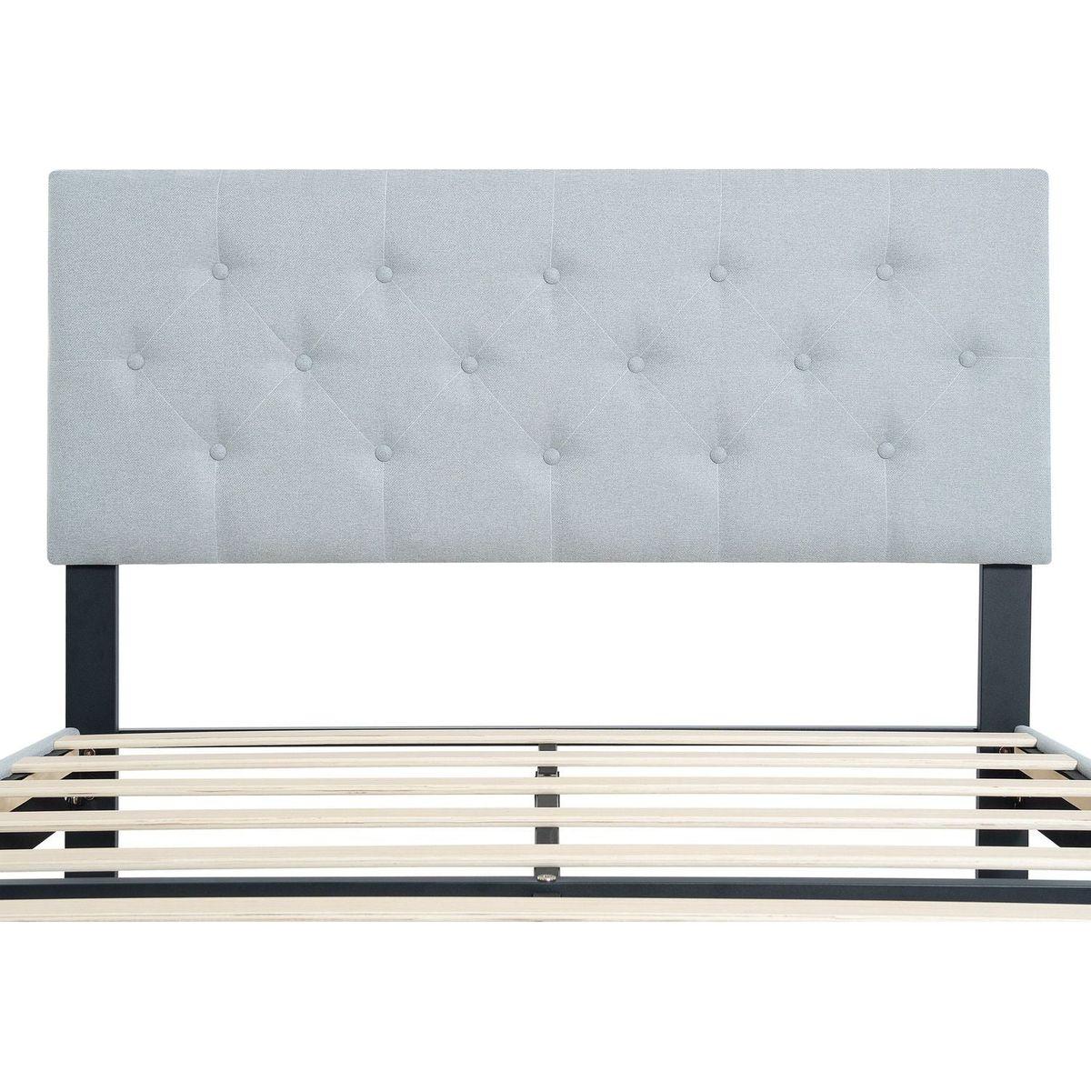 Queen Size Upholstered Platform Bed Frame with Modern Button Tufted Linen Fabric Headboard, No Box Spring Needed, Wood Slat Support, Easy Assembly, Grey