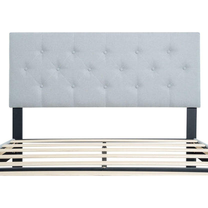 Queen Size Upholstered Platform Bed Frame with Modern Button Tufted Linen Fabric Headboard, No Box Spring Needed, Wood Slat Support, Easy Assembly, Grey