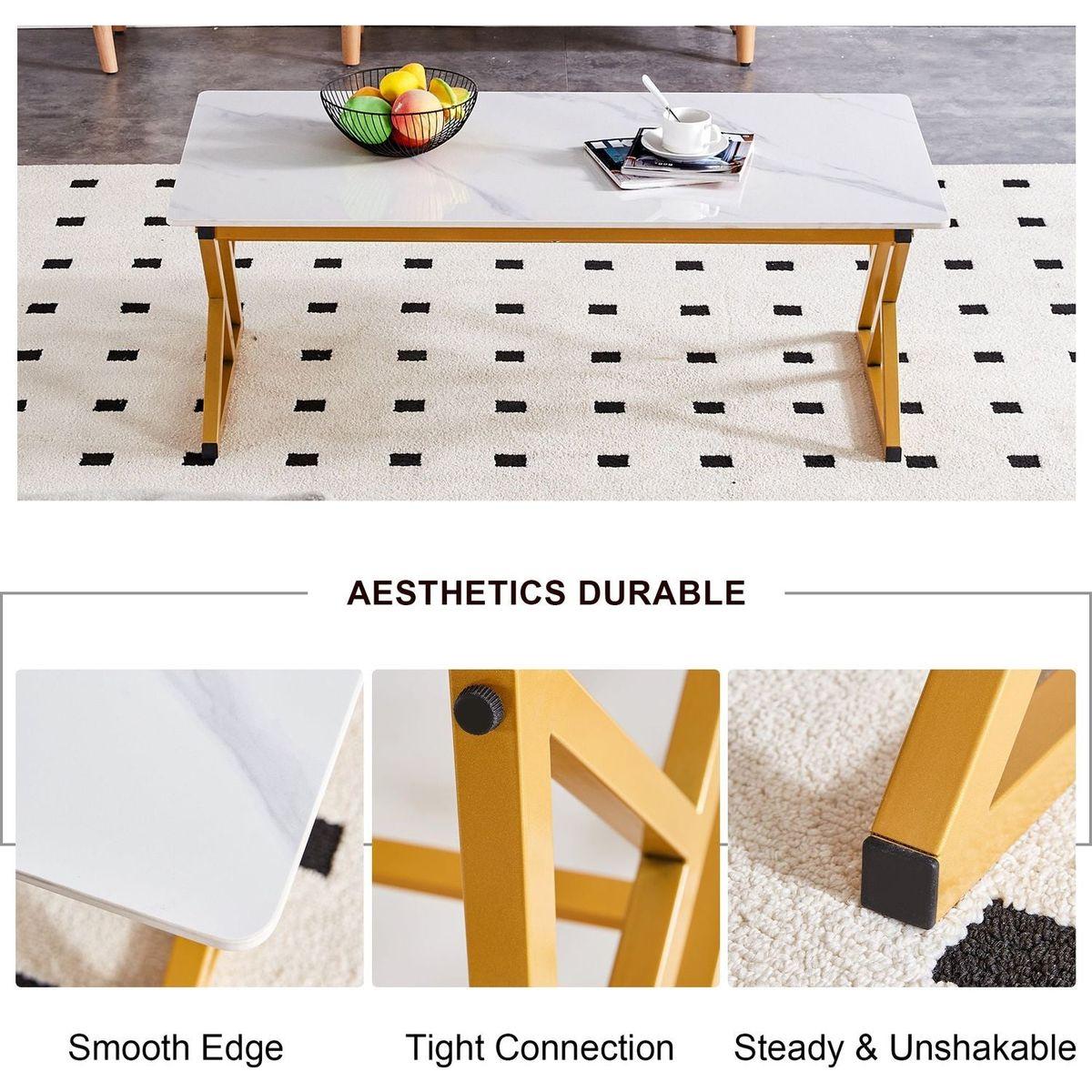 A modern minimalist style white marble patterned coffee table with golden metal legs. Computer desk. Game table. Tea table. CT-XX