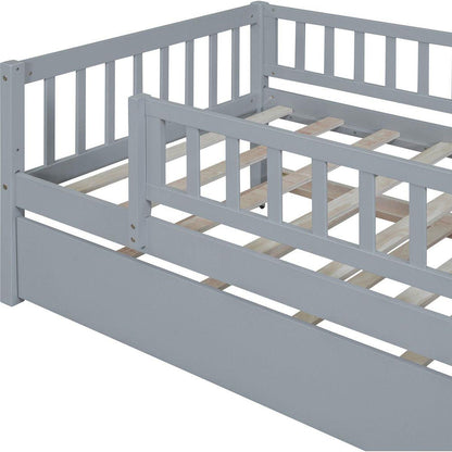Twin Size Wood Daybed with Trundle and Fence Guardrails, Gray
