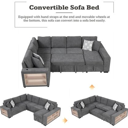 109" U-shaped Sectional Sofa Pull-out Sofa Bed with Two USB Ports, a Storage Chaise Lounge and Four Back Pillows for Living Room, Grey
