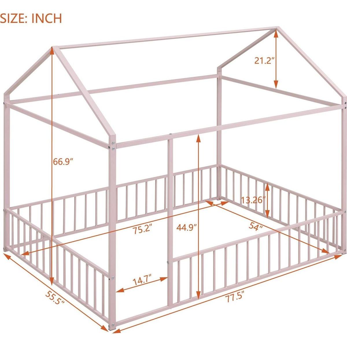 Full Size Metal Bed House Bed Frame with Fence, for Kids, Teens, Girls, Boys,Pink