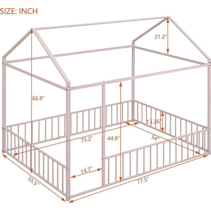 Full Size Metal Bed House Bed Frame with Fence, for Kids, Teens, Girls, Boys,Pink