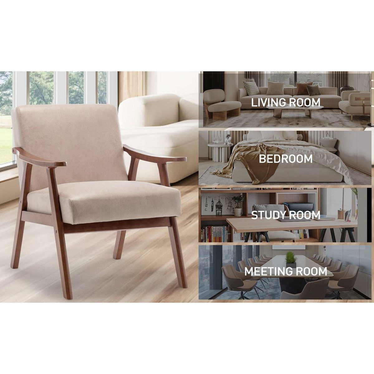 Mid-Century Modern Chair, Living Room Chair with Solid Wood Frame, Accent Chair Extra-Thick Backrest, Wingback Chair for Bedroom, Reading Room, Living Room, Lounge Chair Indoor