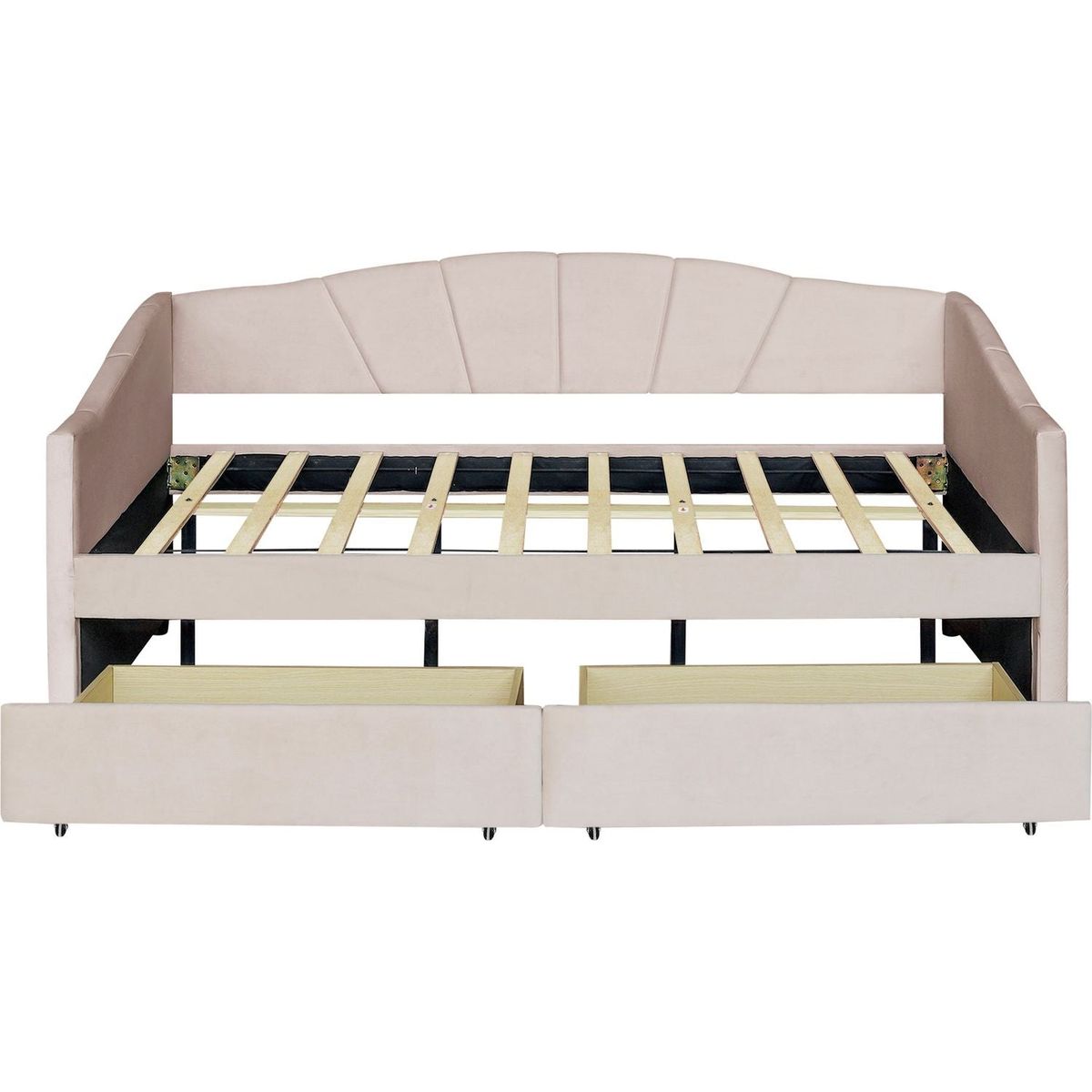 Upholstered daybed Twin Size with Two Drawers and Wood Slat, Beige