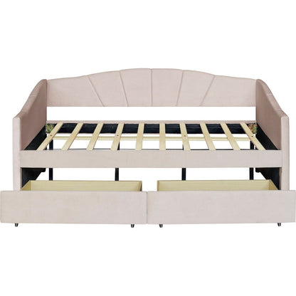 Upholstered daybed Twin Size with Two Drawers and Wood Slat, Beige