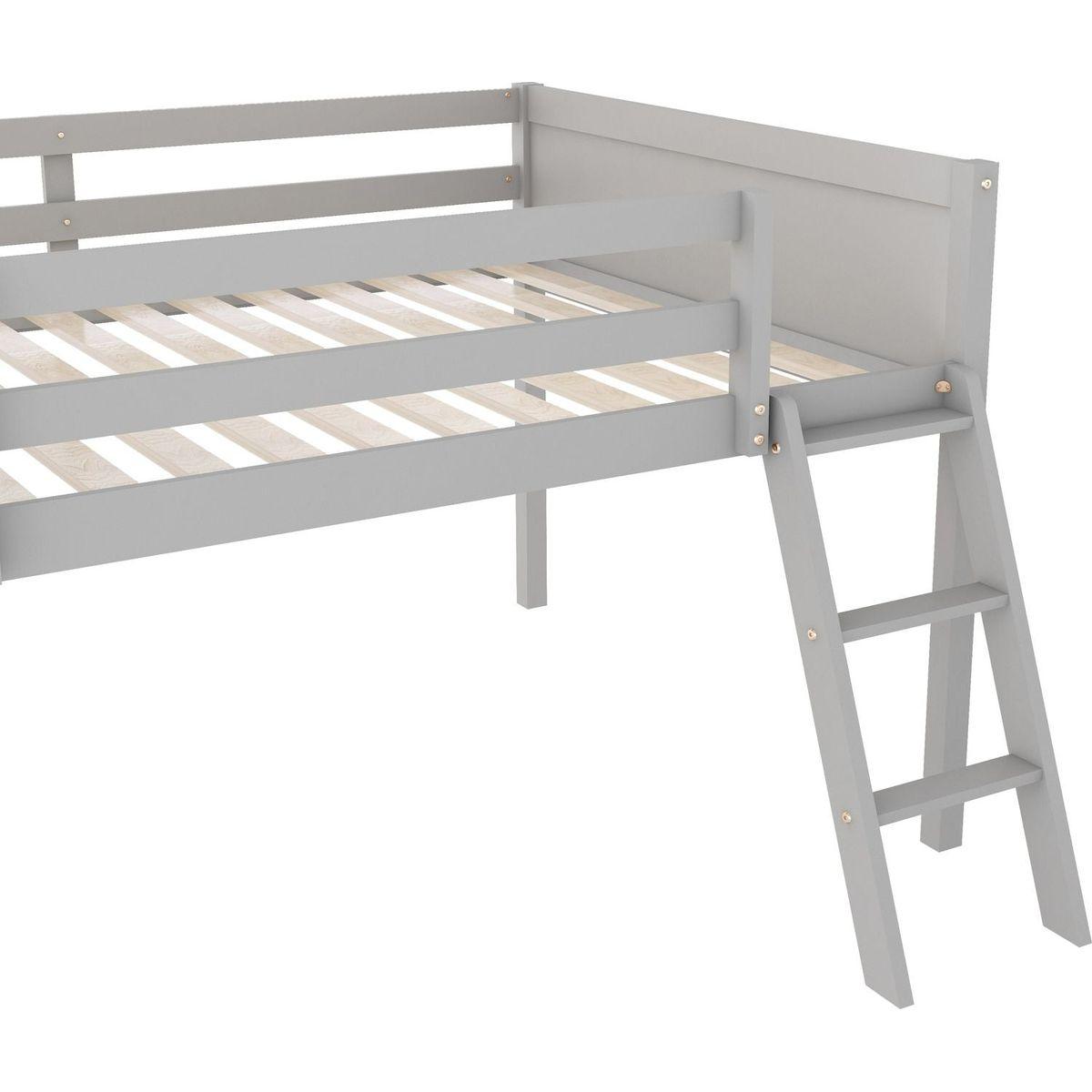 Full Size Wood Low Loft Bed with Ladder, ladder can be placed on the left or right, Gray