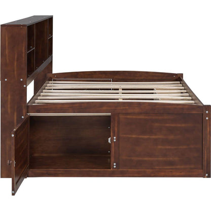 Full Size Wooden Captain Bed with Built-in Storage Shelves, 4 Drawers and 2 Cabinets, Antique Brown