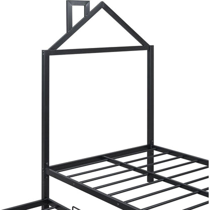 Twin Size Metal Platform Bed with two drawers,House-Shaped Headboard Design, Black
