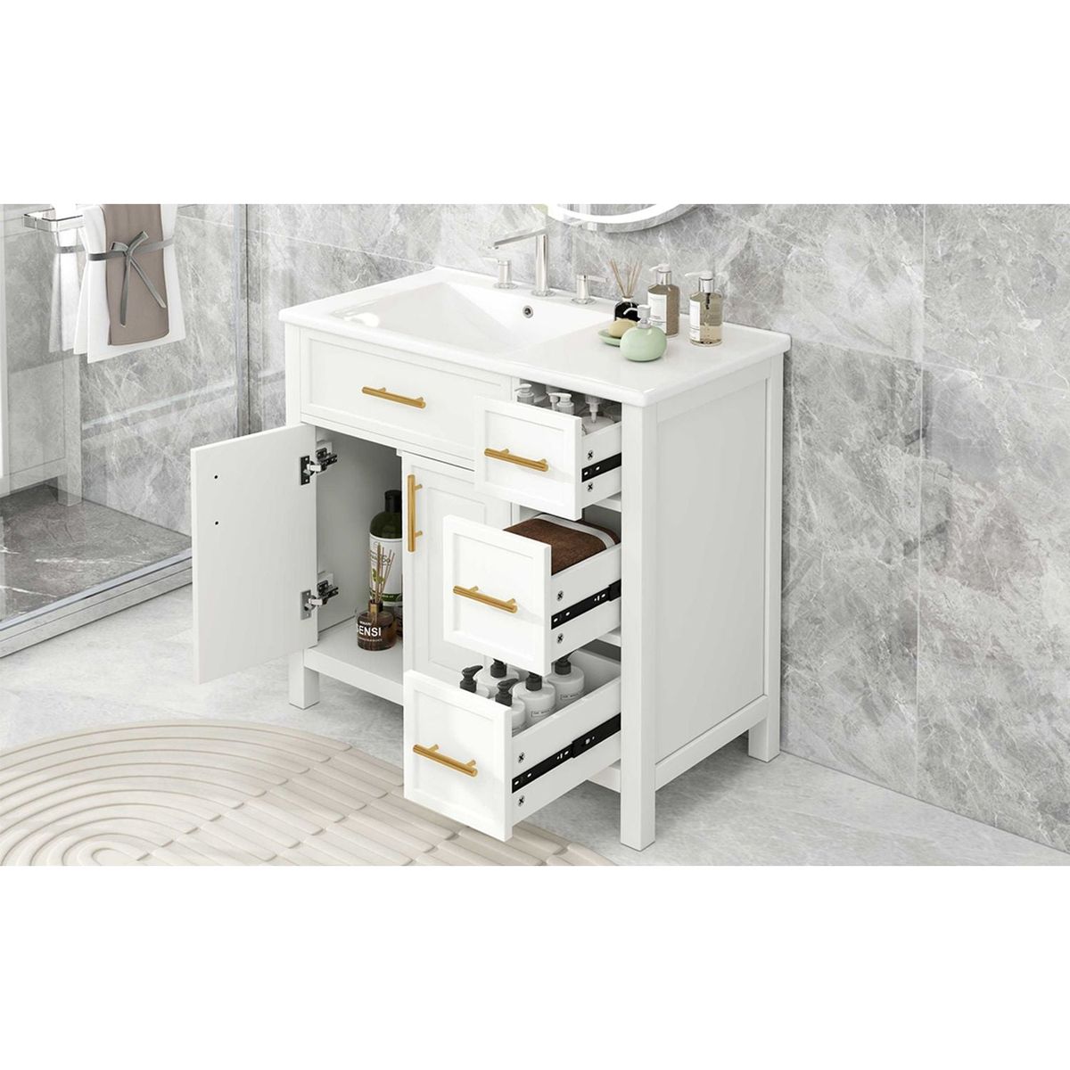 36" Bathroom Vanity with Sink Top, Bathroom Vanity Cabinet with Two Doors and Three Drawers, Solid Wood, MDF Boards, One Package, Off White