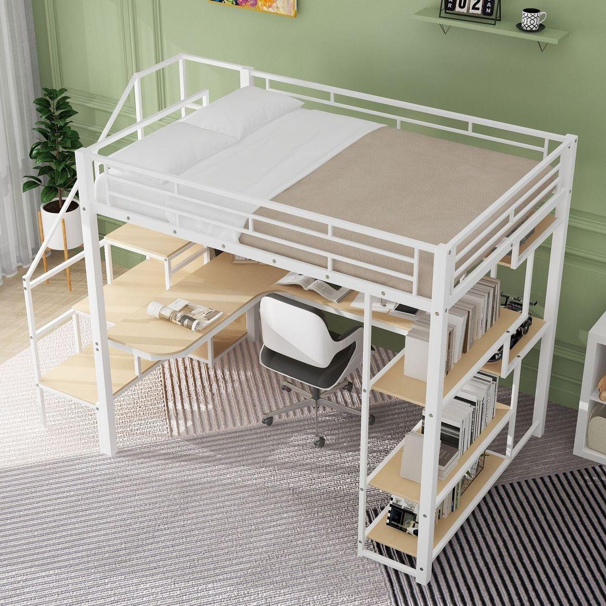 Full Size Metal Loft Bed with Storage Staircase and Small Wardrobe, Built-in Desk and Storage Shelves, White