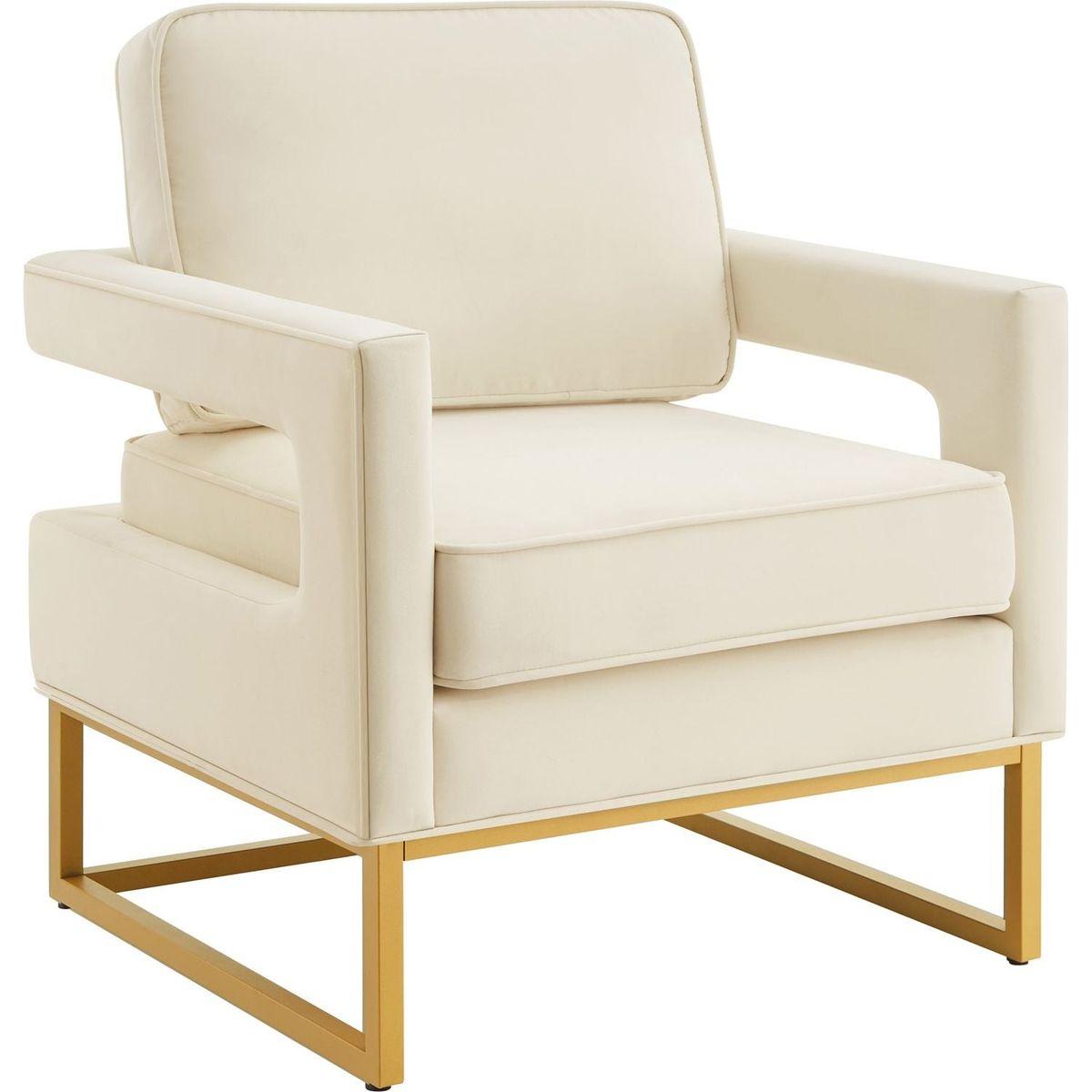 Modern Style Accent Chair with Gold Metal Base, Velvet Upholstered Leisure Chair with Open Armrest, Armchair, Cream