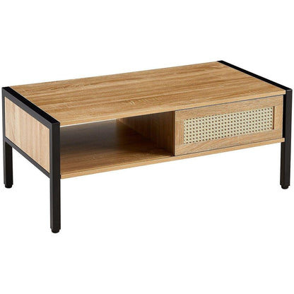 40.16" Rattan Coffee table, sliding door for storage, metal legs, Modern table for living room, natural