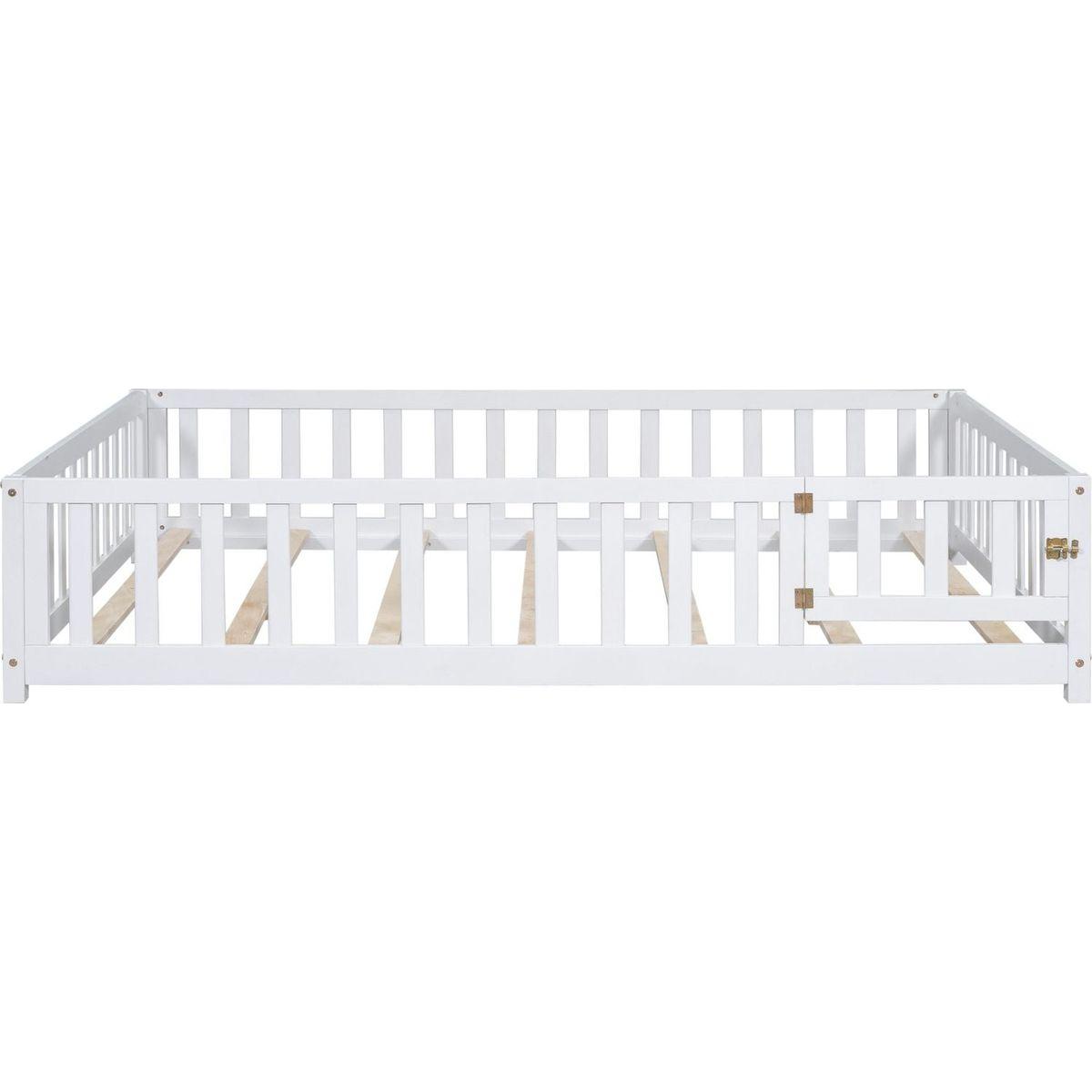 Full Size Floor Platform Bed with Fence and Door for Kids, Montessori Floor Bed Frame with Support Slats for Toddlers, Wooden Floor Bed White
