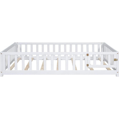 Full Size Floor Platform Bed with Fence and Door for Kids, Montessori Floor Bed Frame with Support Slats for Toddlers, Wooden Floor Bed White