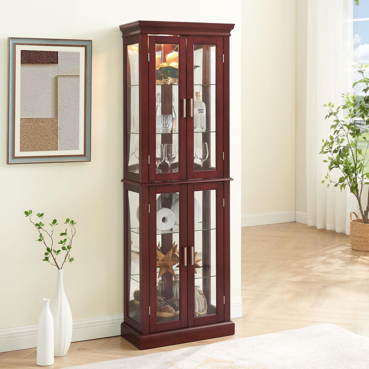 Curio Cabinet Lighted Curio Diapaly Cabinet with Adjustable Shelves and Mirrored Back Panel, Tempered Glass Doors (Cherry, 6 Tier), (E26 light bulb not included)