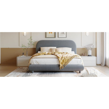 Teddy Fleece Full Size Upholstered Platform Bed with Thick Fabric, Solid Frame and Stylish Curve-shaped Design, Gray